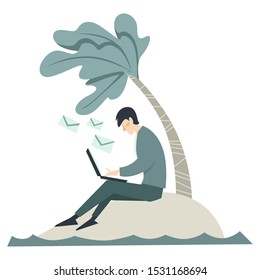 Business correspondence. Person in suit working with laptop on isolated island. Check emails, writing mail letters, messages, envelopes flying. Concentrated at work. Flat vector illustration.