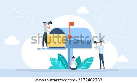 Business correspondence, subscription. Mailbox with letter in envelope. Letterbox. Inbox mail and mailbox. Tiny people are happy to receive the letter. Open post box. Flat design. Vector illustration