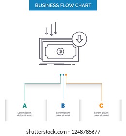 Business, cost, cut, expense, finance, money Business Flow Chart Design with 3 Steps. Line Icon For Presentation Background Template Place for text