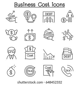 Business Cost , Debt, Tax, Crisis Icon Set In Thin Line Style