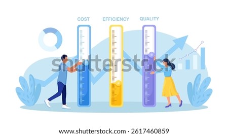 Business cost optimization of services and products. Businessman adjust level for cost, efficiency and quality. Characters reduce price with level meter. Development and growth business