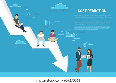 Business cost reduction concept illustration of business team sitting on the big arrow. Flat people working with laptops to develop project and reduce risks and price. Blue background with copy space