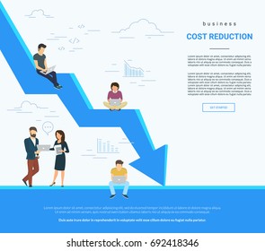 Business cost reduction concept vector illustration of professional people working together as team and sitting on arrow. Flat people with laptops developing and reducing risks and price. White poster