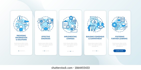 Business counseling stages onboarding mobile app page screen with concepts. Solutions, implementing changes walkthrough 5 steps graphic instructions. UI vector template with RGB color illustrations