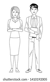 business couple avatar cartoon character black and white vector illustration graphic design