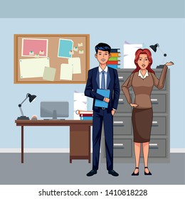 business couple avatar cartoon character indoor with a office background vector illustration graphic design
