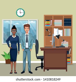 business couple avatar cartoon character indoor with a office background vector illustration graphic design