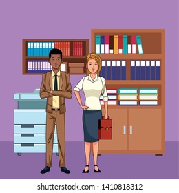 business couple avatar cartoon character indoor with a office background vector illustration graphic design