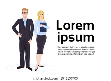 Business Couple Businessman And Businesswoman In Elegant Suits Over Background With Copy Space