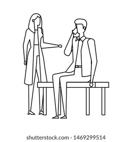 business couple calling with cellphone in the park chair
