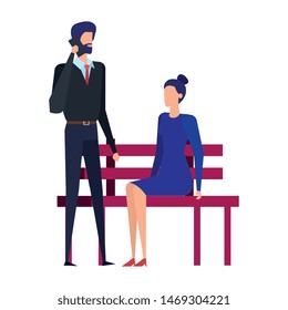 business couple calling with cellphone in the park chair