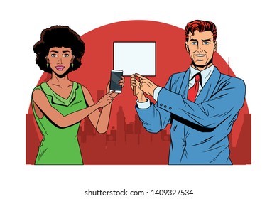business couple with cellphone and signboard avatar cartoon character cityscape silhouette vector illustration graphic design