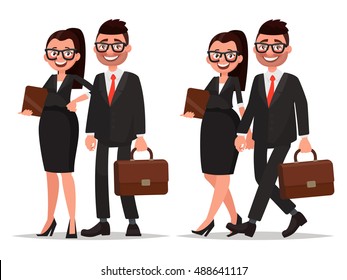 Business couple. Characters businessman and businesswoman on white background. Man and woman dressed in business suits