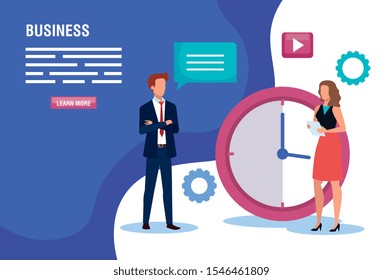 business couple with clock and icons vector illustration design
