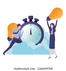 business couple with clock and light bulbs character
