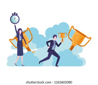 business couple with clock and trophy avatar character