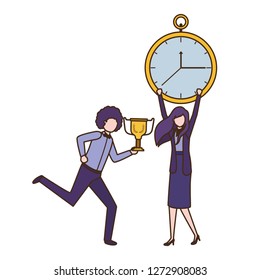 business couple with clock and trophy avatar character