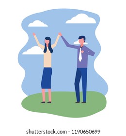 business couple dancing in landscape