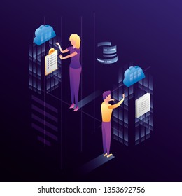 business couple with data center network icons