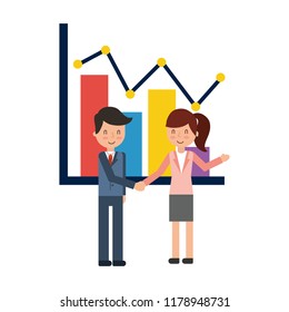 business couple elegant with graphical statistics