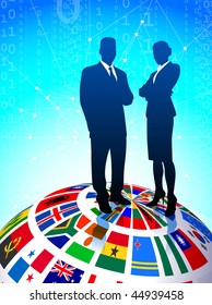 Business Couple with Flags Globe Original Vector Illustration