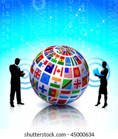 Business Couple with Flags Globe Original Vector Illustration
