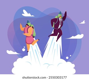 Business couple flying fast up in sky. Man and woman with jet packs flat vector illustration. Promotion, career boost, professional growth concept for banner, website design or landing web page