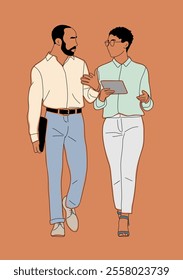 Business couple having casual meeting. Businessman and businesswoman walking together, talking, discussing. Outline hand drawn illustration isolated on neutral brown background.