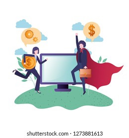 business couple with hero cape and device screen