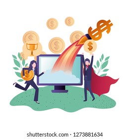 business couple with hero cape and device screen