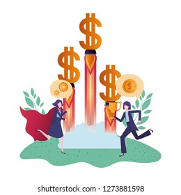 business couple with hero cape and icons set