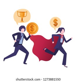 business couple with hero cape and speech bubble