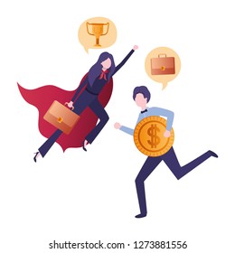 business couple with hero cape and speech bubble