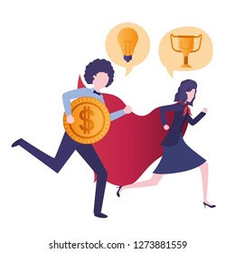 business couple with hero cape and speech bubble