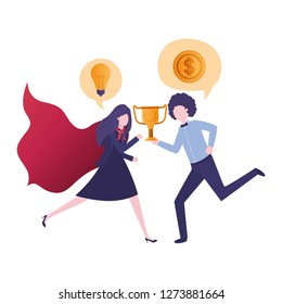business couple with hero cape and speech bubble