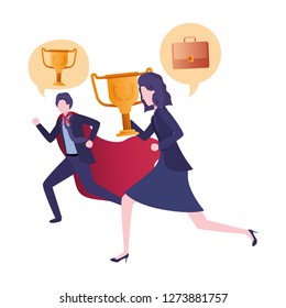 business couple with hero cape and speech bubble