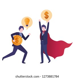 business couple with hero cape and speech bubble