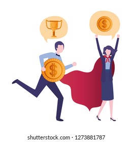 business couple with hero cape and speech bubble