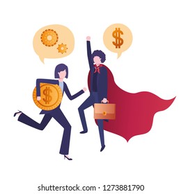 business couple with hero cape and speech bubble