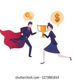 business couple with hero cape and speech bubble