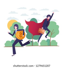 business couple with hero coat and currency