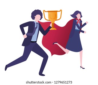 business couple with hero coat and trophy