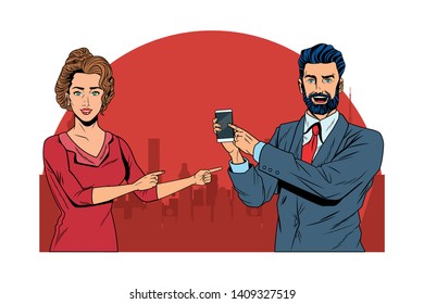 business couple holding cellphone cityscape silhouette vector illustration graphic design