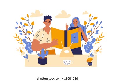The business couple is holding a gigantic book together. Learning and educating together. Vector cartoon illustration.