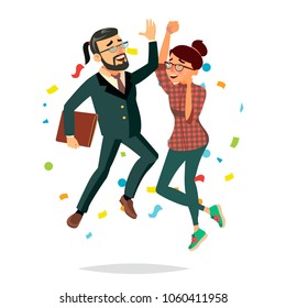 Business Couple Jumping Vector. Man And Woman. Entrepreneurship, Accomplishment. Best Worker, Achiever. Modern Office Employee, Manager Celebrating Success. Isolated Cartoon Character Illustration