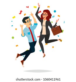 Business Couple Jumping Vector. Man And Woman. Objective Attainment, Achievement. Best Worker, Achiever. Isolated Flat Cartoon Character Illustration