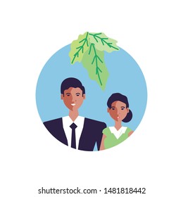 business couple with leafs in frame circular
