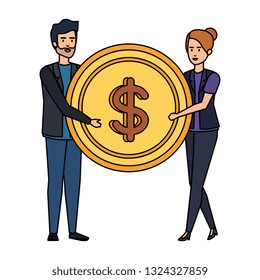 business couple lifting coin money