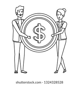 business couple lifting coin money