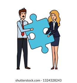 business couple lifting puzzle piece